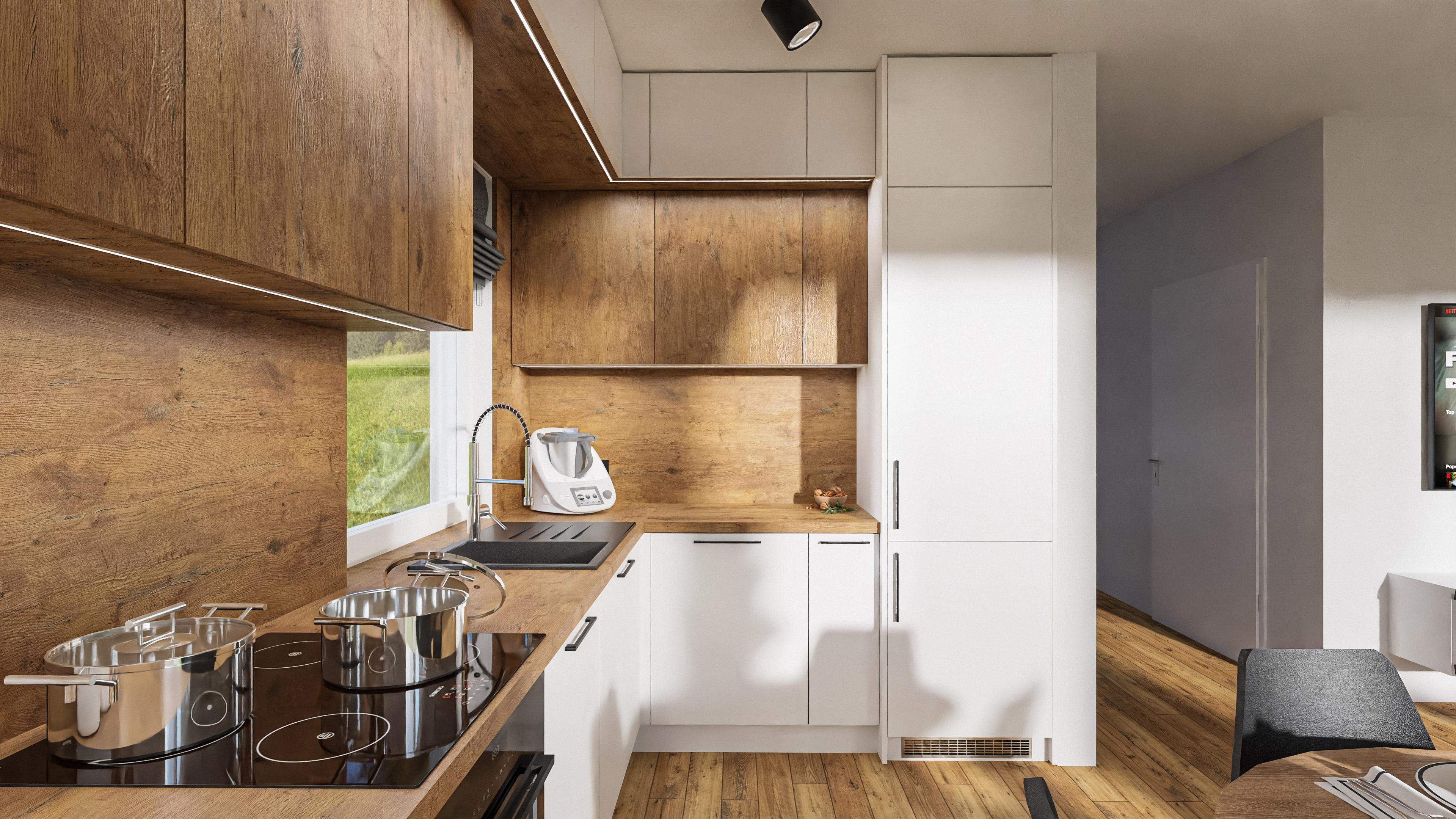 BIAŁA prosta kuchnia LOFT z MARMUROWYM BIAŁYM blatem TANIA