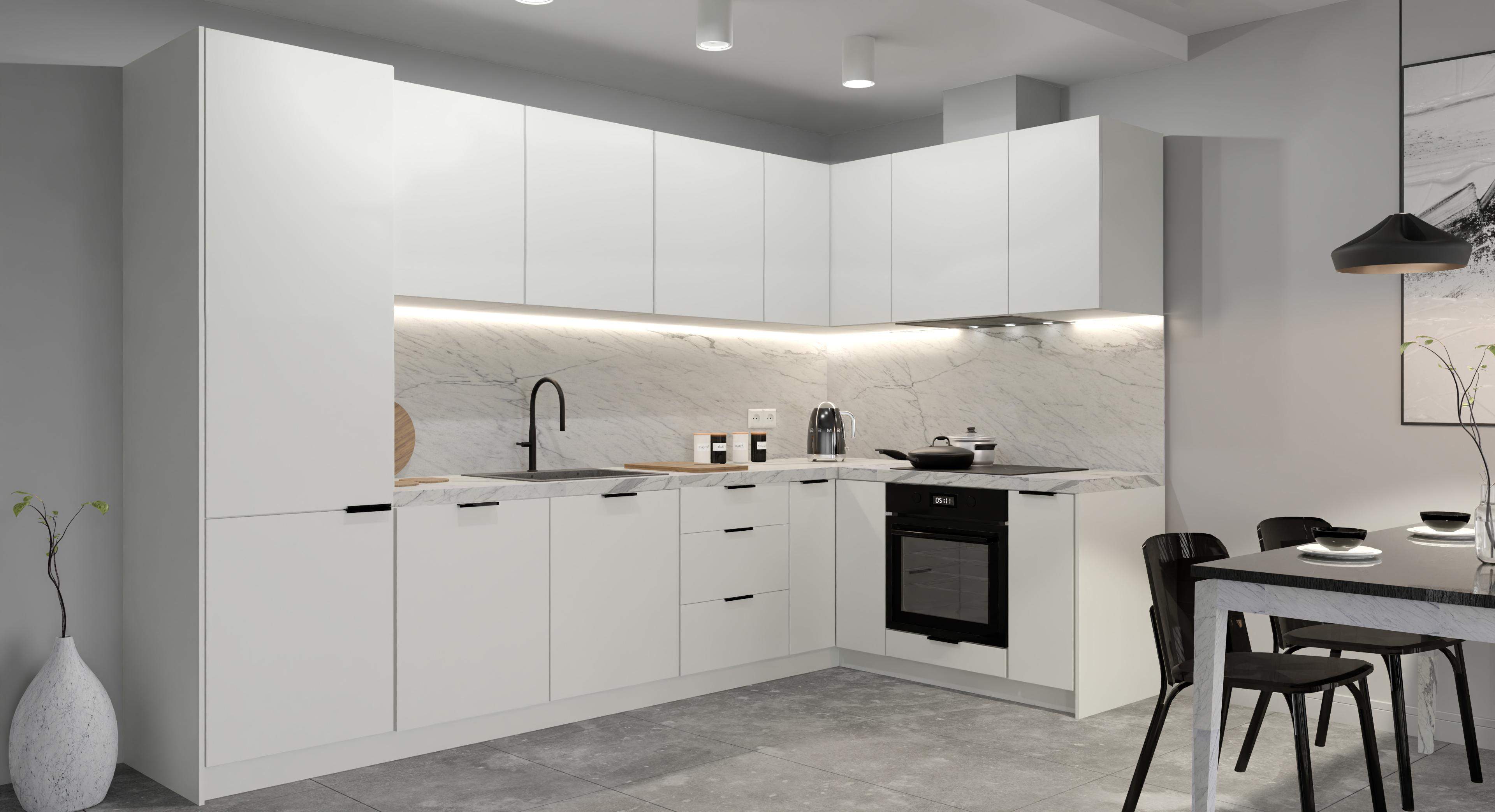 biała proosta akrylowa kuchnia na wymiar z marmurowym blatem
